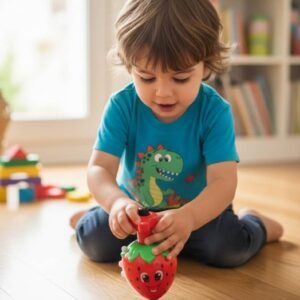 Juguete musical giratorio en forma de fresa. Con cuerda y luces,