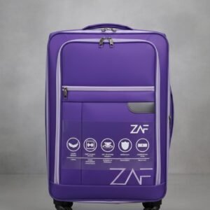 Maleta de viaje morada, diseñada para ser expandible y resistente.