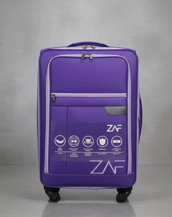 Maleta de viaje morada, diseñada para ser expandible y resistente.