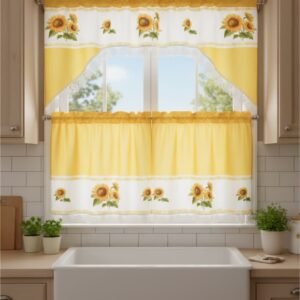 Juego de cortinas de cocina con estampado de girasoles.