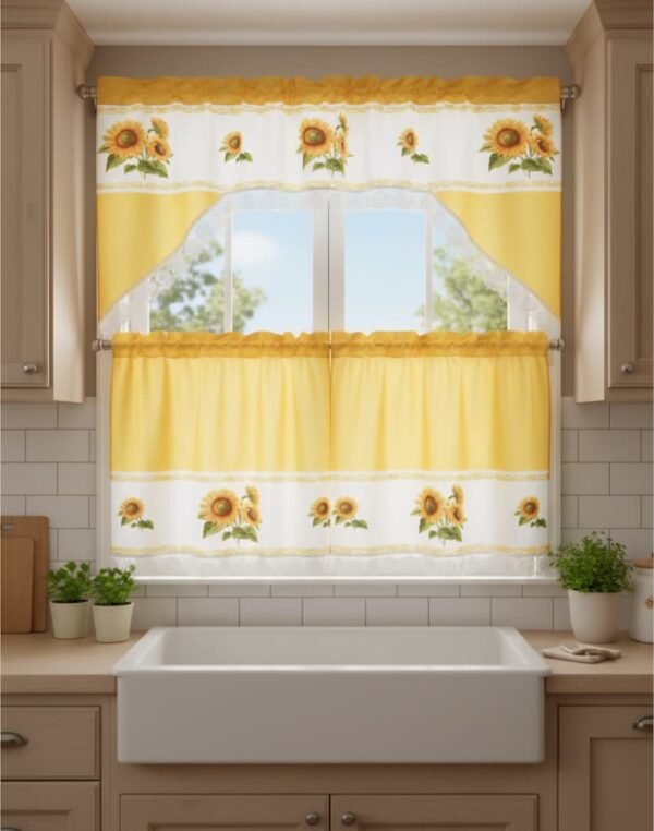 Juego de cortinas de cocina con estampado de girasoles.