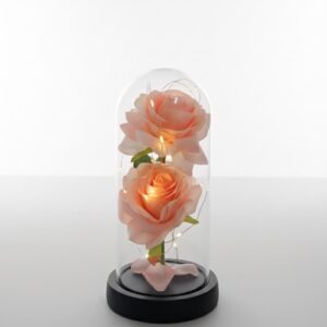 Cúpula de cristal con rosas artificiales LED, comúnmente conocidas como "rosas eternas"