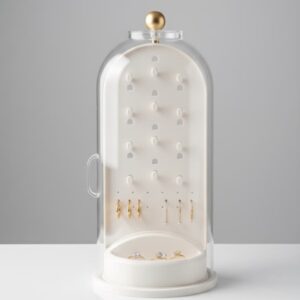 Organizador o alhajero para joyas blanco y transparente.