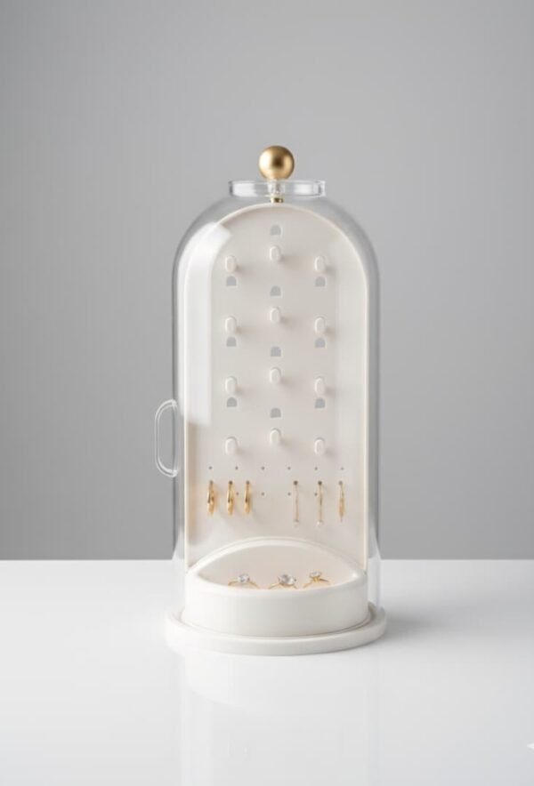 Organizador o alhajero para joyas blanco y transparente.