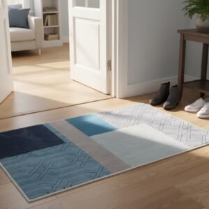 Alfombra con diseño abstracto con patrones geométricos en tonos azules y grises.