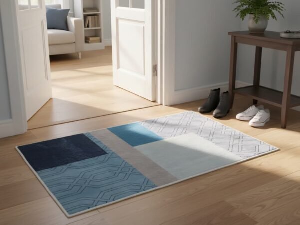 Alfombra con diseño abstracto con patrones geométricos en tonos azules y grises.