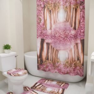 Juego de baño de 4 piezas. Incluye una cortina de ducha, una alfombra de baño, una alfombra de contorno y una funda para la tapa del inodoro