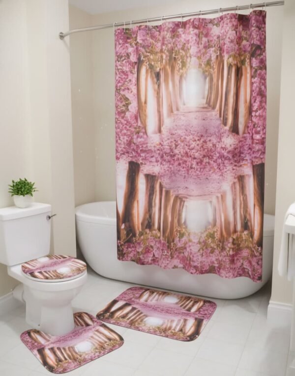 Juego de baño de 4 piezas. Incluye una cortina de ducha, una alfombra de baño, una alfombra de contorno y una funda para la tapa del inodoro