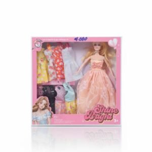 Conjunto de muñeca de moda con varios vestidos y accesorios.