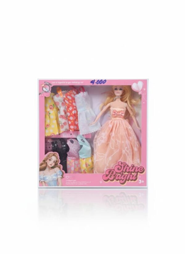 Conjunto de muñeca de moda con varios vestidos y accesorios.
