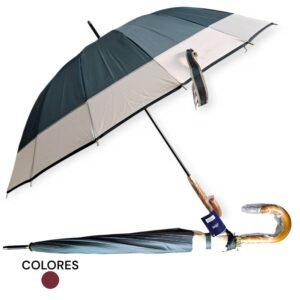 Paraguas con toldo de colores neutros y mango curvo de madera.