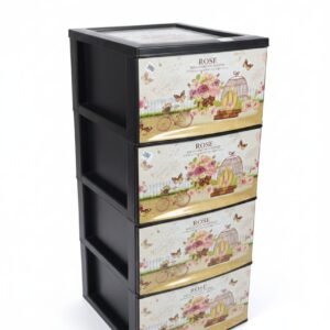 Gavetero organizador de 4 niveles fabricado en plástico, con un diseño decorativo floral estilo "Sweet Home" en los cajones.