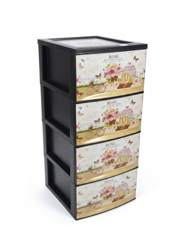 Gavetero organizador de 4 niveles fabricado en plástico, con un diseño decorativo floral estilo "Sweet Home" en los cajones.