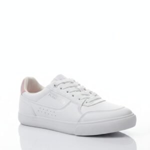 Tenis deportivos de color blanco con detalles rosa en el talón.