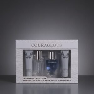 Set de regalo de fragancia masculina Courageous Designer Collection, que incluye agua de toilette, gel de ducha y bálsamo para después del afeitado.