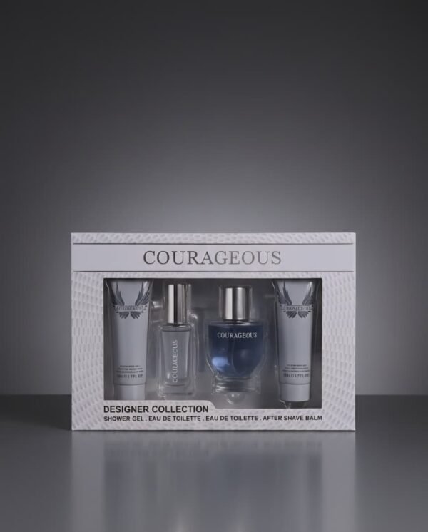 Set de regalo de fragancia masculina Courageous Designer Collection, que incluye agua de toilette, gel de ducha y bálsamo para después del afeitado.
