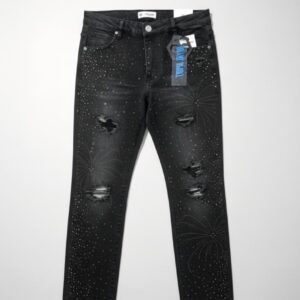 Pantalones vaqueros negros de mujer con diseño desgastado y detalles brillantes