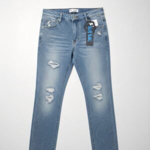 Vaqueros de mujer, modelo Ana Fab Ab con tiro alto, corte acampanado, diseño rasgado y detalles de pedrería.