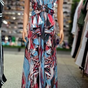 Vestido largo de mujer con estampado abstracto, escote en V y volantes frontales.