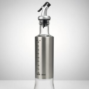 Dispensador de aceite de vidrio de 300 ml con boquilla de acero inoxidable, diseñado para controlar el vertido y prevenir goteos.