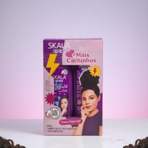 Kit de cuidado capilar Skala Expert #MaisCachinhos Kids, diseñado para niños mayores de 3 años, que incluye shampoo y acondicionador para hidratar y definir rizos.