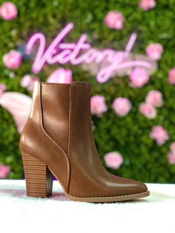 Botines de mujer color café con tacón grueso y punta en V