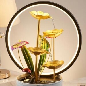 Fuente de agua decorativa de mesa con un diseño de loto y un aro de luz LED