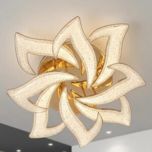 Lámpara de techo moderna de color dorado con diseño estructural en forma de flor con elementos de cristal iluminados por LED.
