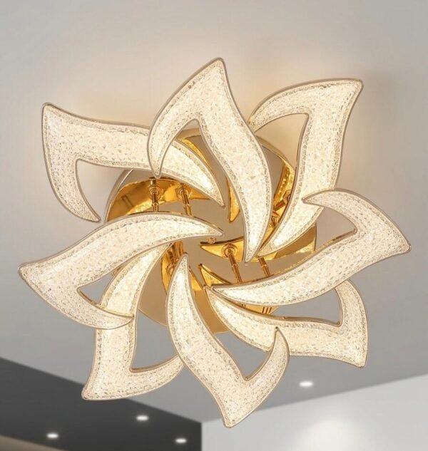 Lámpara de techo moderna de color dorado con diseño estructural en forma de flor con elementos de cristal iluminados por LED.