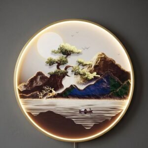 Cuadro decorativo de pared 3D con luz LED, paisaje de estilo asiático con montañas.