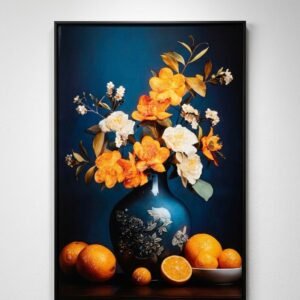 Cuadro decorativo de arte floral con jarrón de estilo clásico, ramo de rosas naranjas y blancas, rodeado de naranjas sobre una mesa.