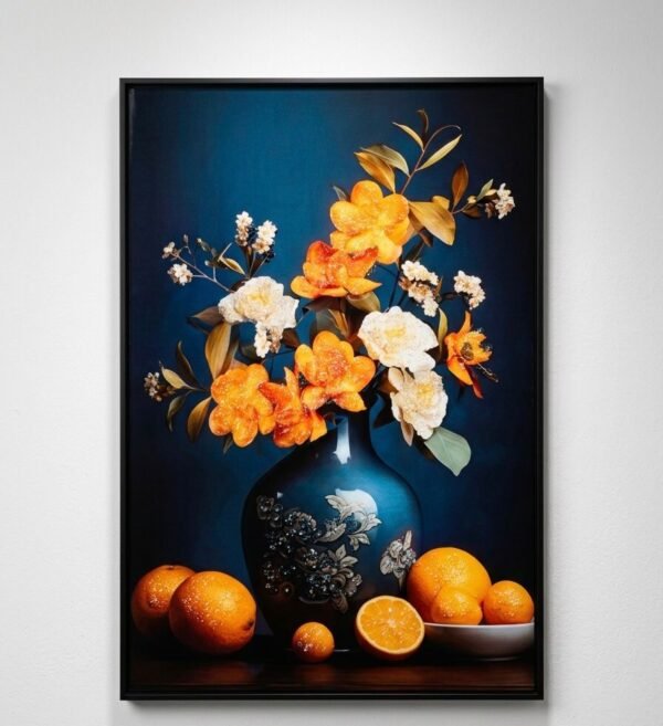Cuadro decorativo de arte floral con jarrón de estilo clásico, ramo de rosas naranjas y blancas, rodeado de naranjas sobre una mesa.