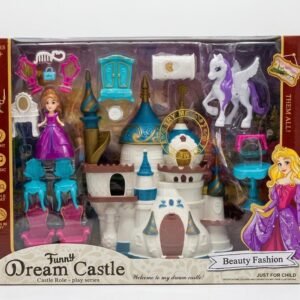 Set de juego de "Funny Dream Castle" de la serie "Castle Role play", que incluye un castillo, una muñeca, un poni con alas y varios accesorios de mobiliario.