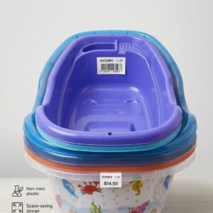 Bañera de bebé marca Victory Cup diseñada para ahorrar espacio gracias a su estructura plegable.