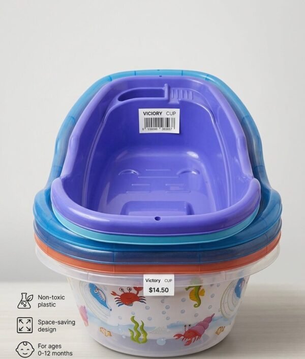 Bañera de bebé marca Victory Cup diseñada para ahorrar espacio gracias a su estructura plegable.