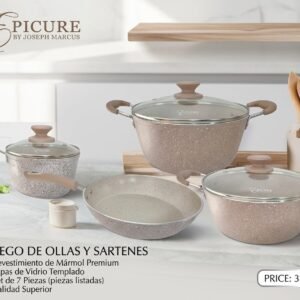 Juego de ollas y sartenes Epicure by Joseph Marcus incluye piezas con revestimiento de mármol premium, tapas de vidrio templado y una calidad superior.