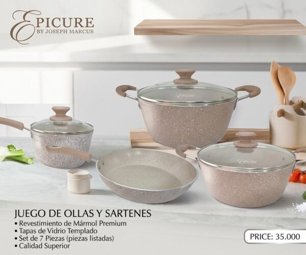 Juego de ollas y sartenes Epicure by Joseph Marcus incluye piezas con revestimiento de mármol premium, tapas de vidrio templado y una calidad superior.