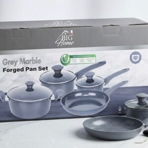 Juego de ollas y sartenes forjadas de 7 piezas de la marca Big Home con revestimiento antiadherente efecto mármol gris.