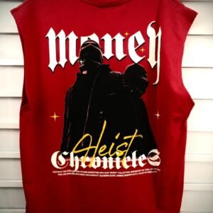 Camisa sin mangas con diseño gráfico temático de "heist" (atraco) con texto estilizado que menciona "Money Chronicles