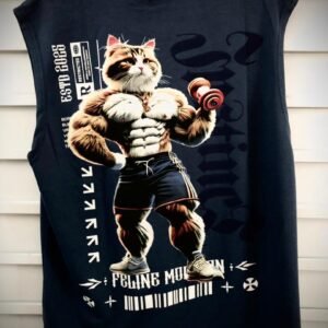 Camiseta sin mangas con gráfico estilo Monmon cat que muestra a un gato musculoso levantando pesas