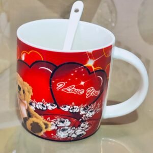 Taza de cerámica blanca con diseño de corazones rojos y la frase "I Love You"