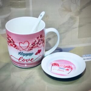 Taza de cerámica modelo "Happy Love" con diseño romántico, que incluye un platillo y una cucharilla a juego
