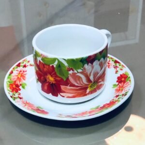Juego de 6 tazas con plato de porcelana vintage con un estampado de flores rojas y blancas