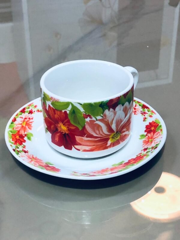 Juego de 6 tazas con plato de porcelana vintage con un estampado de flores rojas y blancas