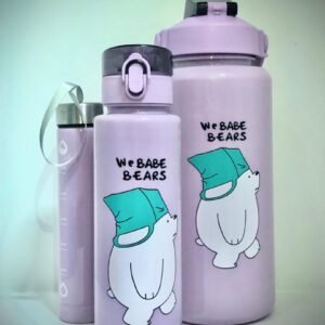 Juego de botellas de agua de plástico con el diseño del personaje Pardo de Escandalosos.