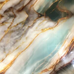 Papel tapiz 60x60cm de diseño estilo mármol en tonos verde azulado, blanco y dorado