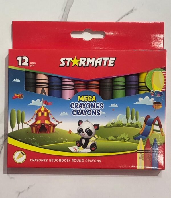 Caja de 12 crayones jumbo de la marca Starmate, diseñados especialmente para niños pequeños.