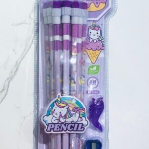Conjunto de lápices con temática de unicornio que incluye borradores y un sacapuntas.