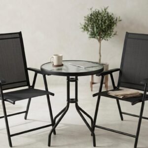 Juego de mesa que incluye dos sillas plegables y mesa con superficie de cristal