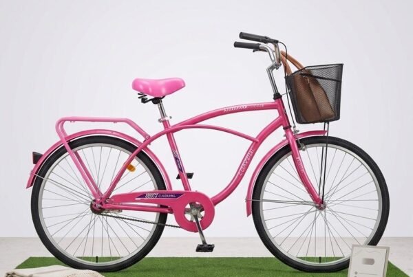 Bicicleta rosada de paseo 26" con cesta